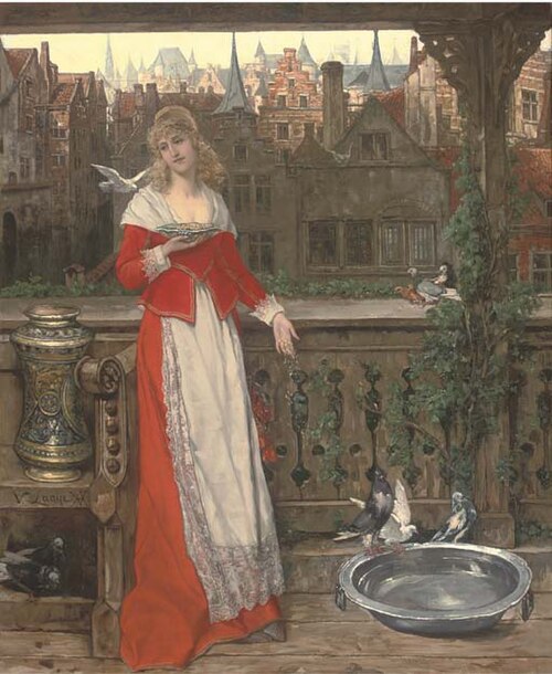 A maiden feeding birds, 1850, Victor Lagye