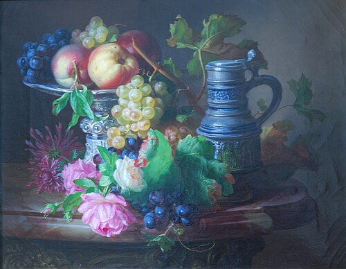 Blumen und Früchte mit Krug, 1856, Andreas Lach