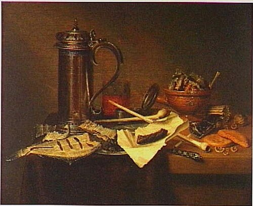 Still life with silver beer mug and smoking paraphernalia, 1644, Maerten Boelema de Stomme