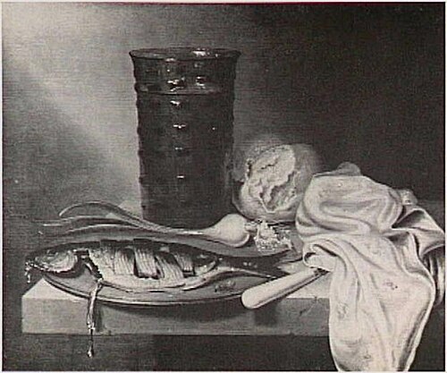 Still life with herring, onion, bread, and glass of beer, 1645, Maerten Boelema de Stomme