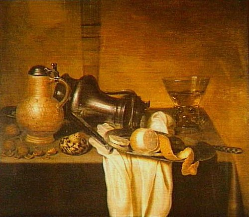 Still life with Jan Steen pitcher, nuts, shells, and lemon, 1660, Maerten Boelema de Stomme