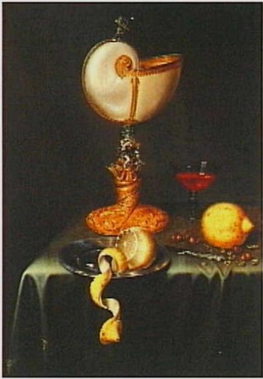 Still life with a nautilus cup, hazelnuts and lemon, 1650, Maerten Boelema de Stomme