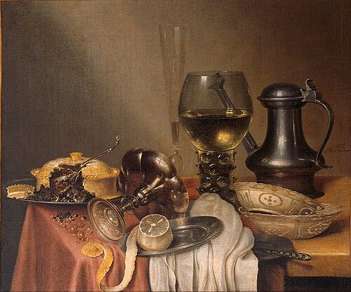 Stilleven met o.a. pastei, fluitglas en citroen, 1644, Maerten Boelema de Stomme