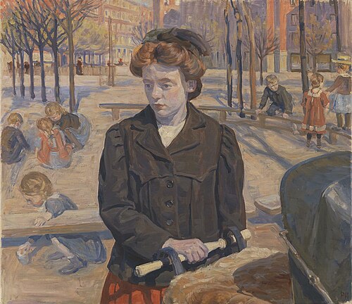 Forår. Ung pige med en barnevogn, 1910, Peter Hansen