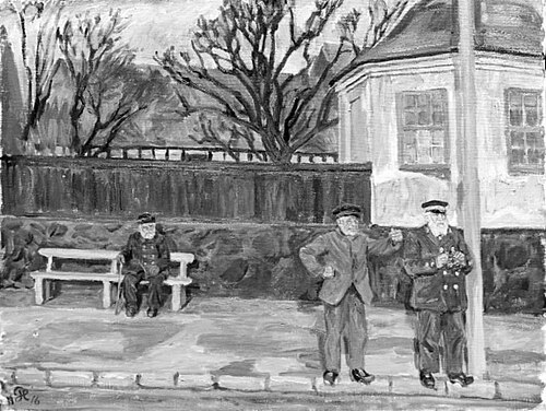 Havnefogeden, rebslageren og skipperen. "Najaden" krydser ind, 1916, Peter Hansen