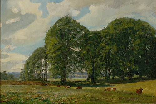 A landscape with cows and tall trees., 1895, Godfred Christensen