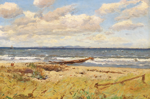 View from the beach at Hornbæk, with Kullen in Sweden in the distance., 1895, Godfred Christensen