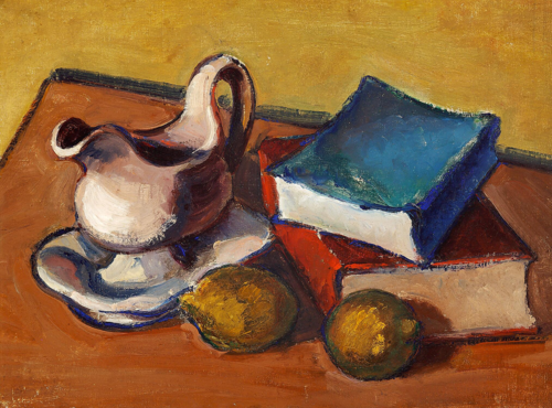 Still life with gravy bowl, lemons and books on a table., 1918, Vilhelm Lundstrøm