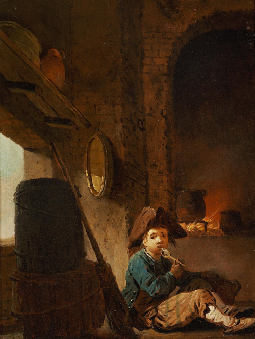 Kitchen interior with a boy at the fireplace., 1779, Peter Cramer