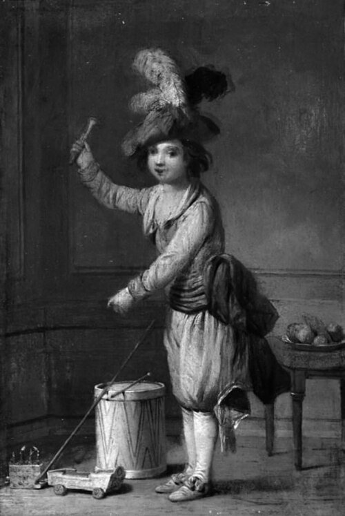 Interiør fra et barneværelse med en dreng i karnevalsdragt, 1782, Peter Cramer