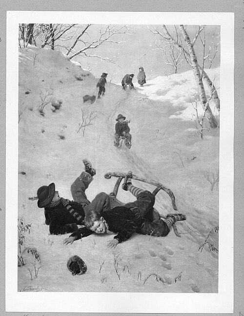 winterlandscape children with sledge, 1866, Carl Kronberger