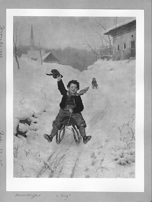 Zwei Knaben beim Rodeln durch ein Dorf, 1866, Carl Kronberger