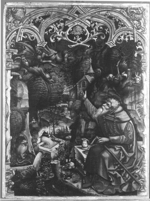 Teufel teilen einem Einsiedler mit, dass sie der Seele des Kaisers nicht habhaft werden konnten (Wer, 1506, Hans Holbein l'Ancien