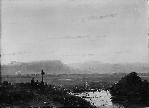 Landschaft mit zwei (betenden) Personen bei einem Wegekreuz, 1850, Andreas Schelfhout