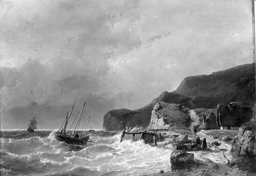 Felsige Küstenlandschaft mit Segelbooten und Staffage, 1812, Andreas Schelfhout
