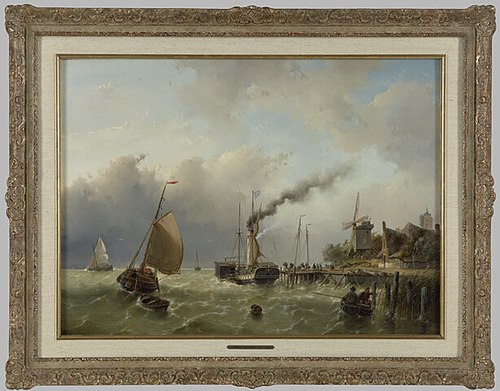 Een raderstoomschip in veerdienst bij een opstapplaats aan een steiger, 1846, Andreas Schelfhout