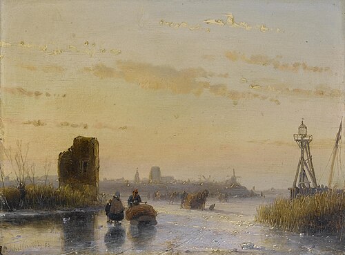 Figures on a frozen waterway, 1852, Andreas Schelfhout