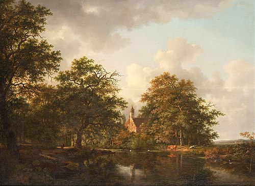Figures and cattle beside a lake in a wooded landscape, 1818, Andreas Schelfhout