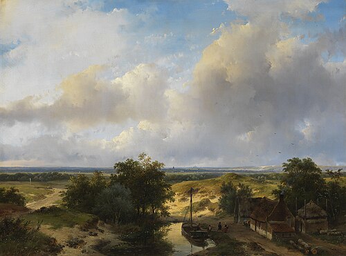 Dutch landscape with a view of Haarlem, 1845, Andreas Schelfhout