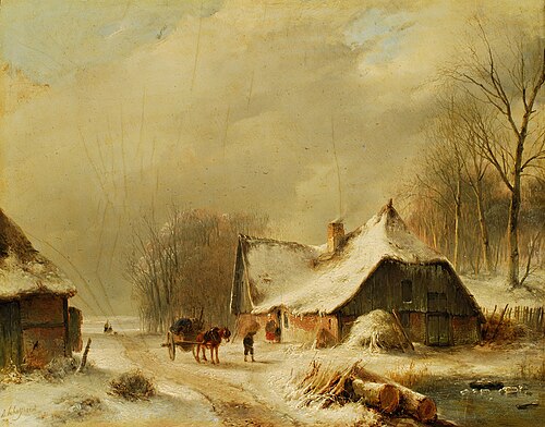 Winter landscape with horse and cart in front of a snow-covered farmhouse, , Andreas Schelfhout