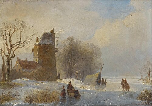 Skaters on the ice by a farmhouse, , Andreas Schelfhout