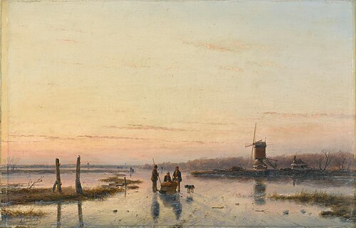Windmill beside a frozen river, 1860, Andreas Schelfhout