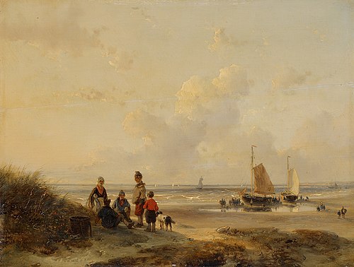 Rustende vissers op een strand bij helder weer, 1850, Andreas Schelfhout