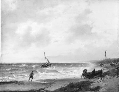 Vissers halen een boot op het strand, 1840, Andreas Schelfhout