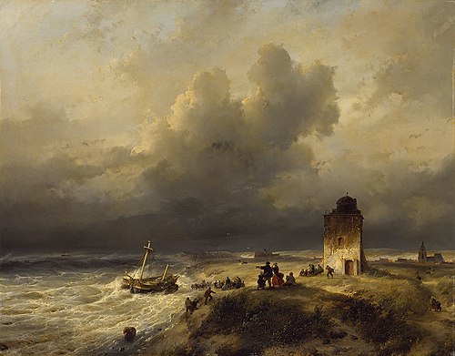 Ship stranded at Scheveningen, 1837, Andreas Schelfhout