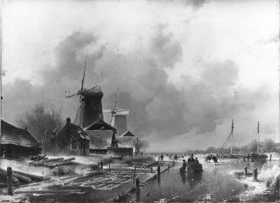 Houtzaagmolens aan een vaart bij winter, 1840, Andreas Schelfhout