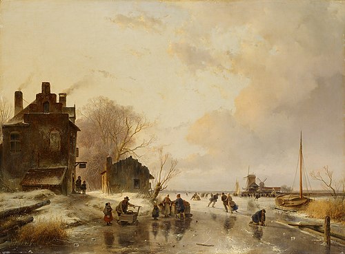 Een boerenherberg en een schuur aan een bevroren rivier, 1841, Andreas Schelfhout