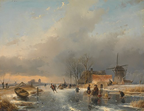 Een winterlandschap, rechts een molen en woningen bij een bevroren vaart, 1841, Andreas Schelfhout