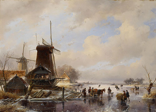 Een houtzaagmolen aan een bevroren vaart, op de voorgrond zijn mannen bezig een ingespannen slede te, 1842, Andreas Schelfhout