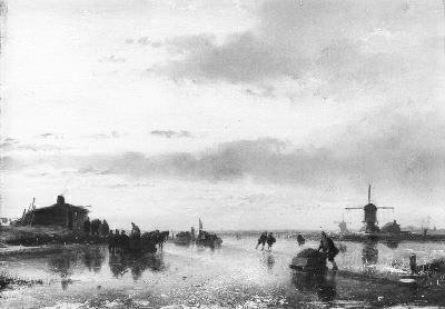 Gezicht op een bevroren plas bij ondergaande zon, 1831, Andreas Schelfhout