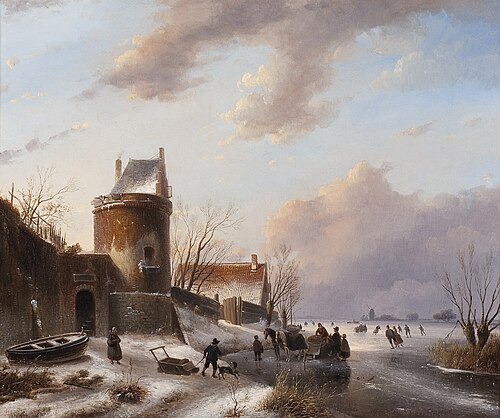 Winterlandschap met schaatsers en paardeslee, 1835, Andreas Schelfhout
