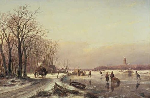 Winter Landscape with Farm Wagon and Skaters, 1864, Andreas Schelfhout