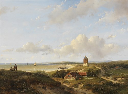 Een vuurtoren en visserswoningen in de duinen, in de verte de zee, 1849, Andreas Schelfhout
