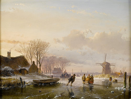 Skaters and figures on a frozen river, Haarlem in the distance, 1870, Andreas Schelfhout