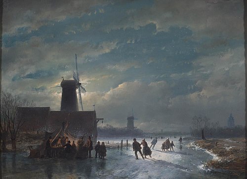 Winterlandschap met 'koek en zopie' bij nacht, 1849, Andreas Schelfhout