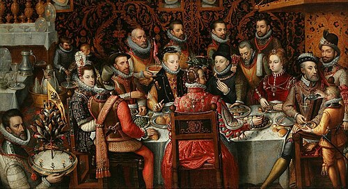 King Philip II of Spain banqueting with his family and courtiers, 1579, Alonso Sánchez Coello