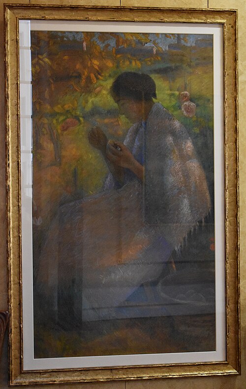 Femme assise cousant dans le jardin, 1900, Bernard-Joseph Artigue