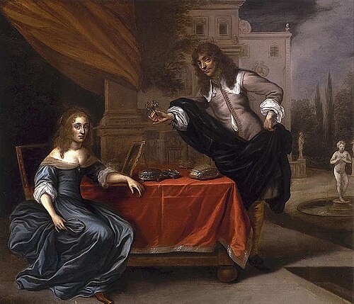 An elegant couple courting in a formal garden, 1645, Carel van Savoyen
