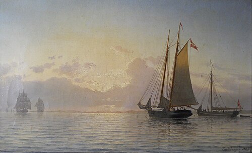 The Revenue schooner Argus anchored in Odense Fjord., 1863, Carl Emil Baagöe