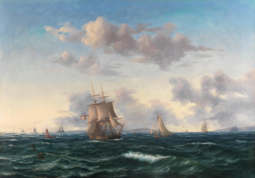 Danish sailing ships at sea., 1874, Carl Emil Baagöe