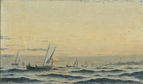 Seascape with sailing boats at sunset., 1874, Carl Emil Baagöe