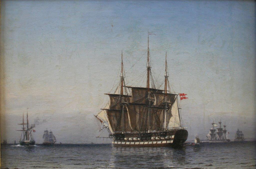 A Danish ship of the line and other vessels at sea., 1874, Carl Emil Baagöe