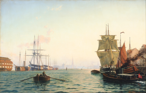 Scenery from the harbor of Copenhagen in the early evening light., 1874, Carl Emil Baagöe