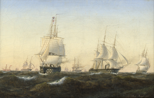 A naval squadron passing a Danish lightship., 1854, Carl Emil Baagöe