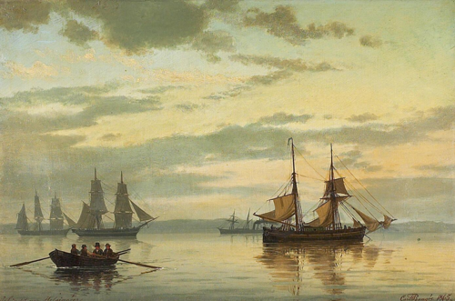 Twilight over seascape with sailships., 1865, Carl Emil Baagöe