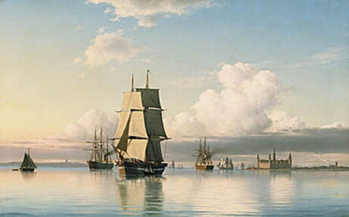 Ships off Kronborg castle in calm weather., 1877, Carl Emil Baagöe